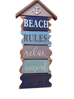 Rustic Wooden Beach Rules Hanging Sign Decor Coastal Nautical Anchor